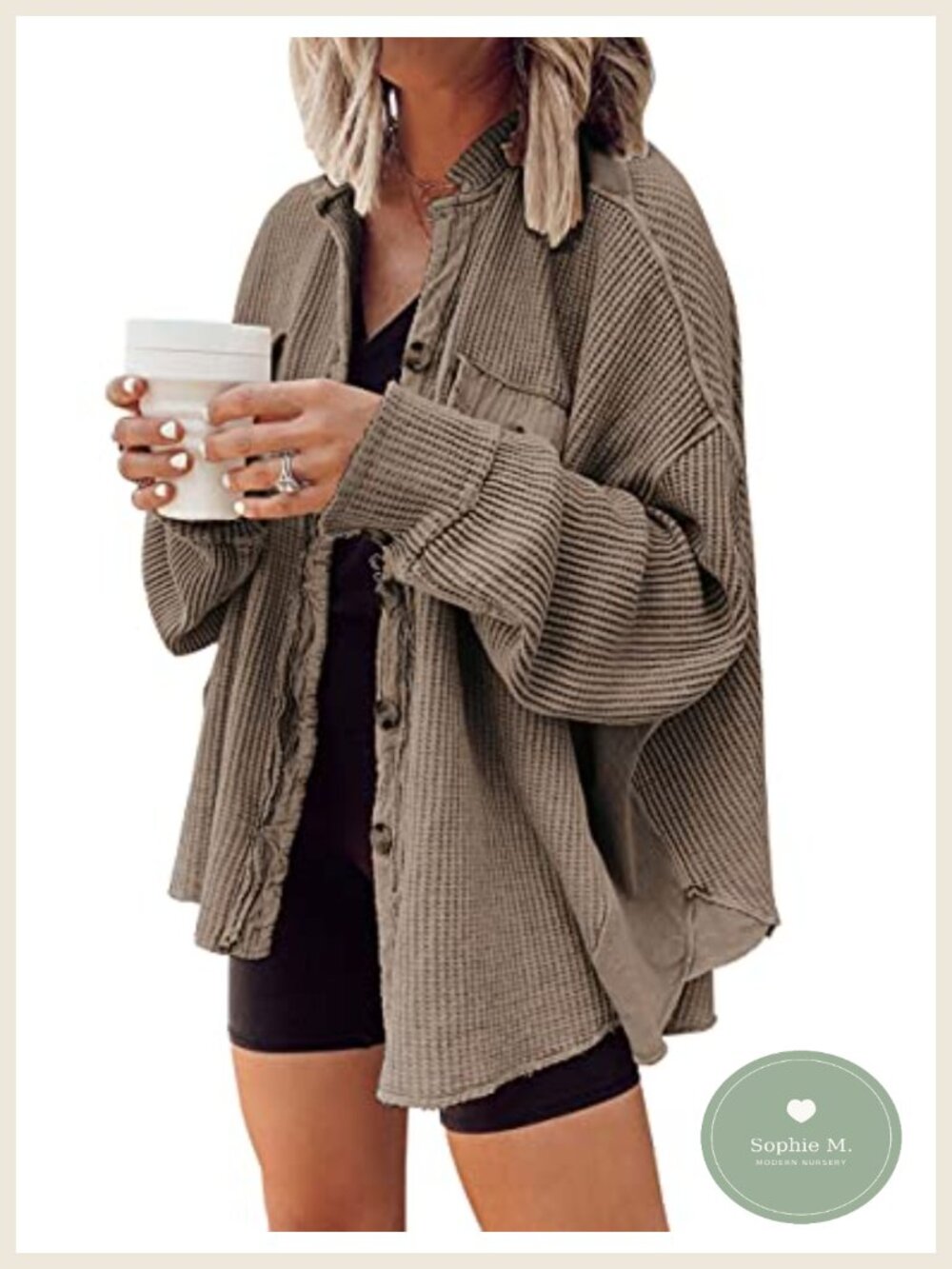 Womens Oversized Waffle Knit Button Down Shirt Shacket Long Sleeve